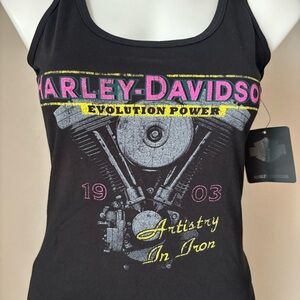 Harley Davidson Artistry in Iron Racerback Graphic Black Tank Top Women Size XS